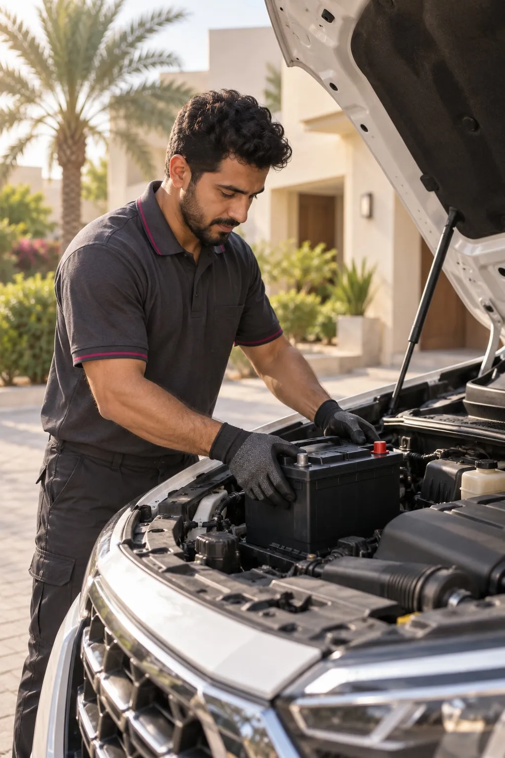 Technician replacing a car battery outside a villa
