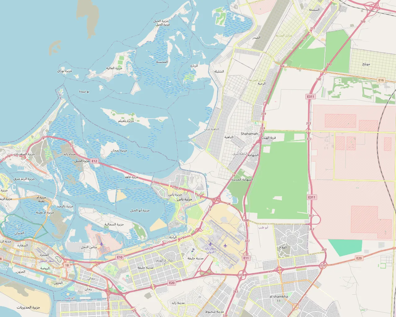 Map of Yas Island and surrounding Abu Dhabi districts with the service radius